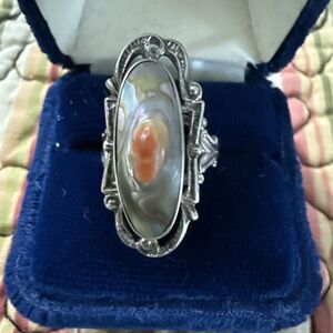 1 1/8 INCHES VINTAGE STERLING RING w BLISTER PEARL, SIZE 6.5